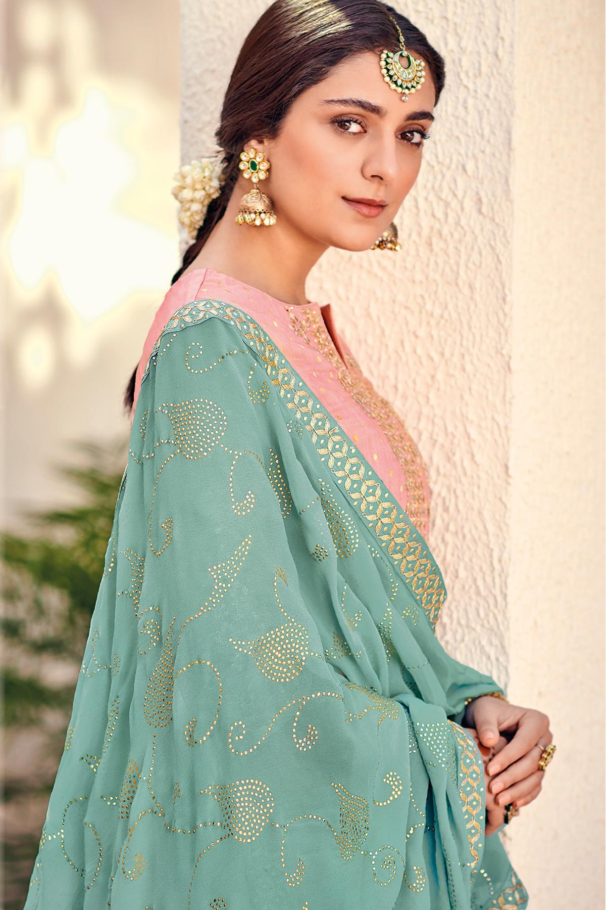 Baby Pink And Teal Blue Designer Palazzo Suit