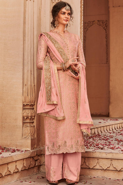 Baby Pink Designer Banarasi Jacquard Palazzo Suit
