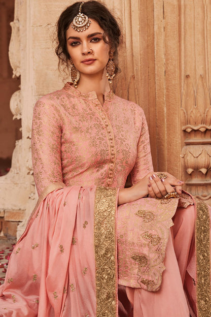 Baby Pink Designer Banarasi Jacquard Palazzo Suit