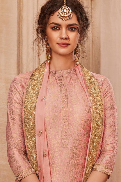 Baby Pink Designer Banarasi Jacquard Palazzo Suit