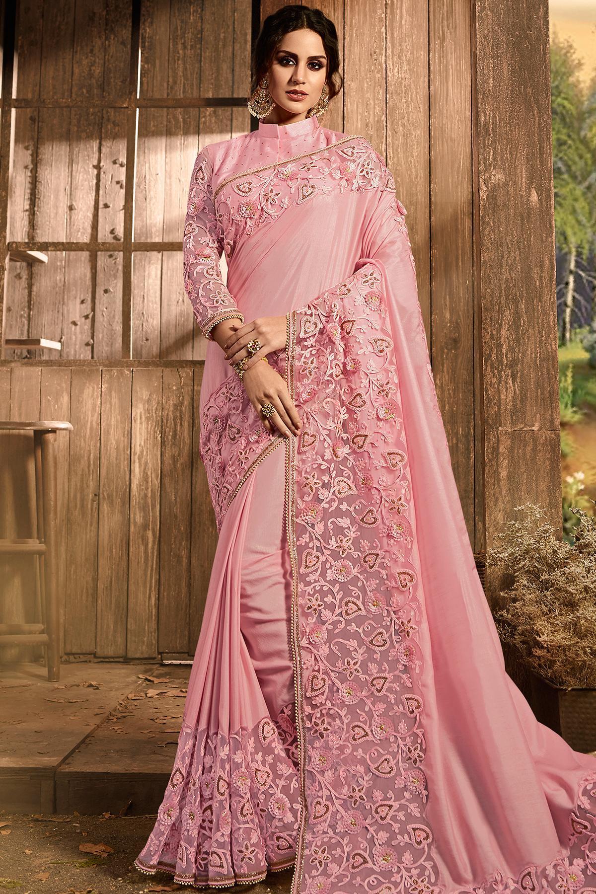 Baby Pink Designer Party Wear Silk Sari