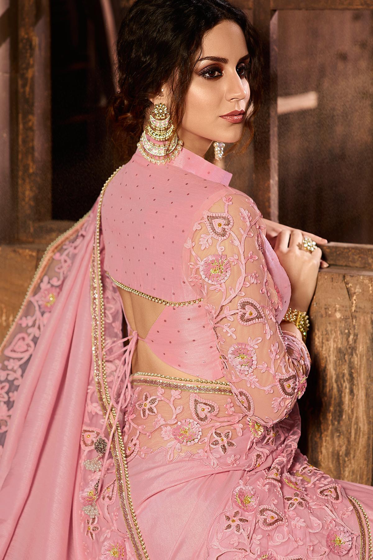Baby Pink Designer Party Wear Silk Sari