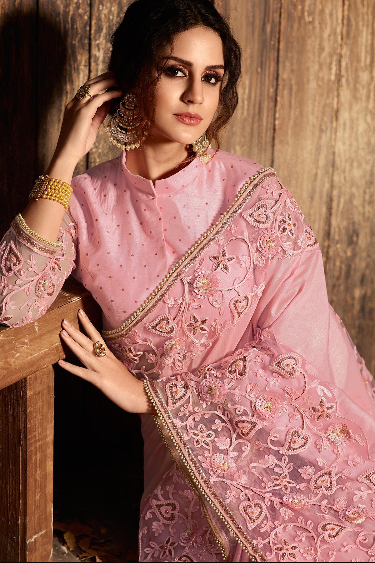 Baby Pink Designer Party Wear Silk Sari