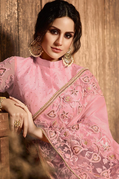 Baby Pink Designer Party Wear Silk Sari