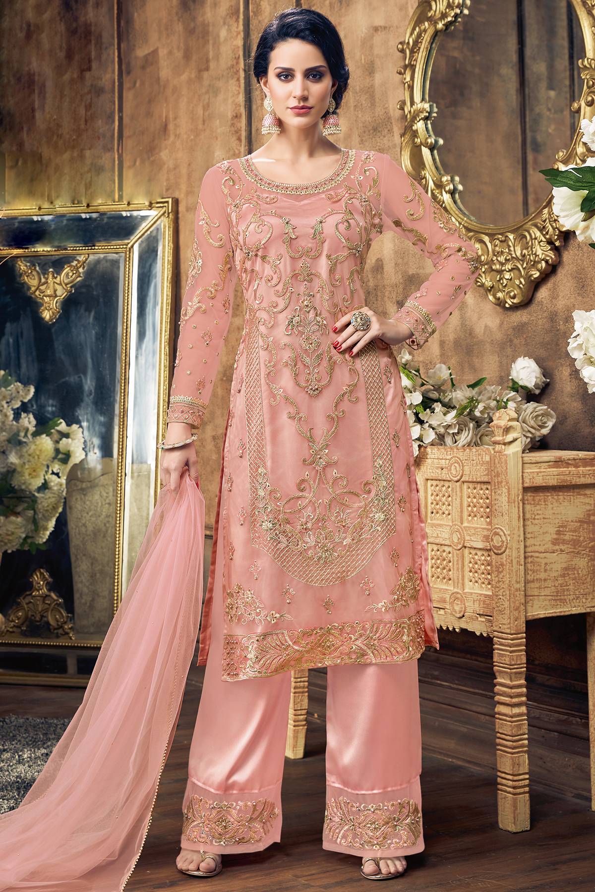 Baby Pink Designer Straight Suit