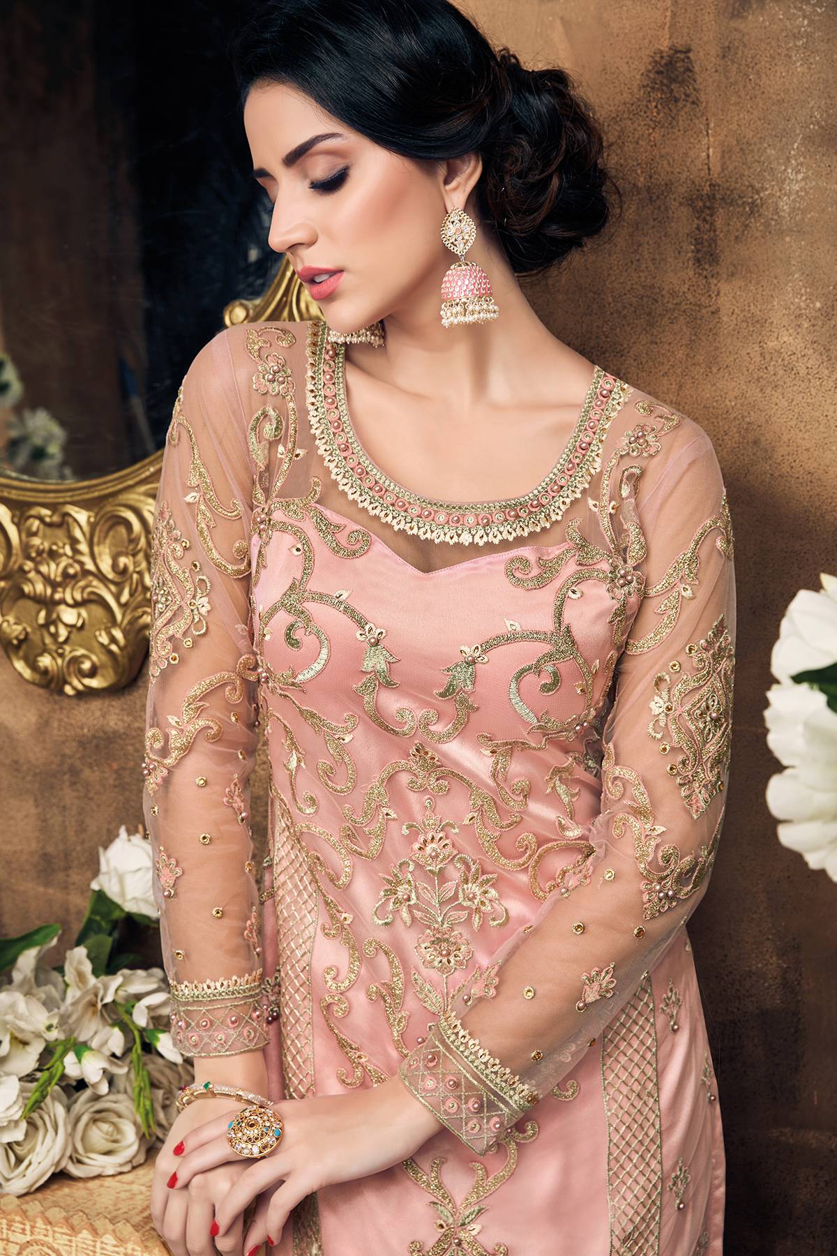 Baby Pink Designer Straight Suit