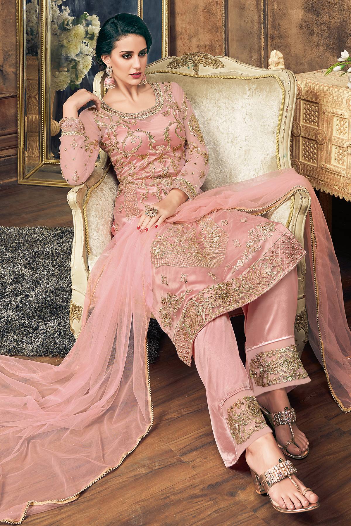 Baby Pink Designer Straight Suit
