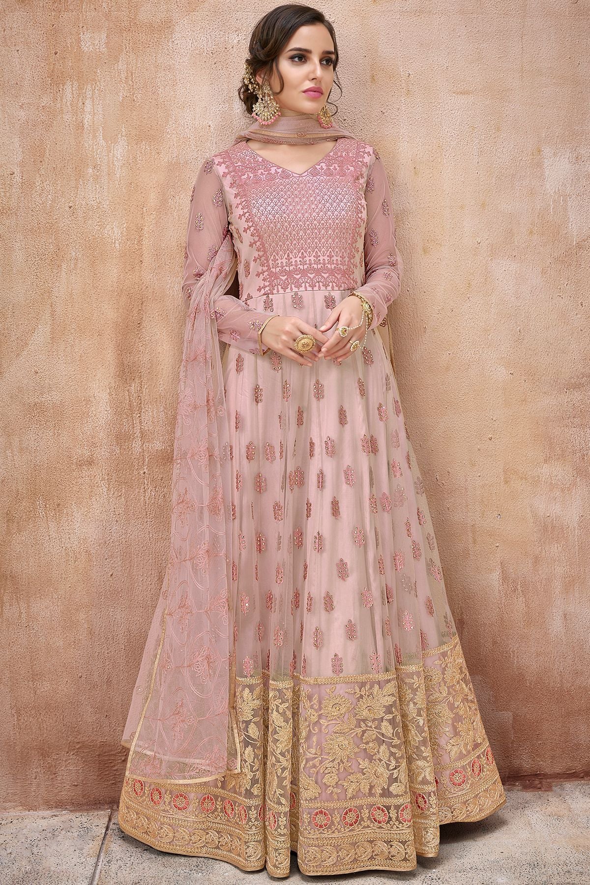 Baby Pink Embroidered Net Anarkali Suit