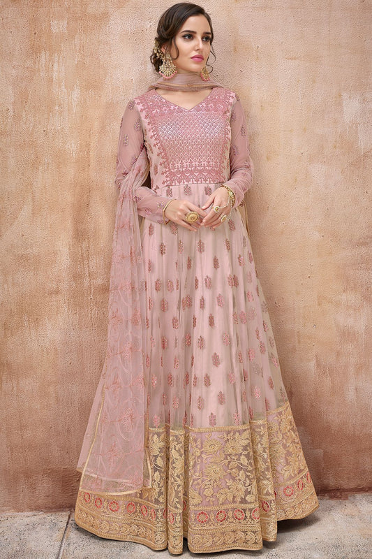 Baby Pink Embroidered Net Anarkali Suit