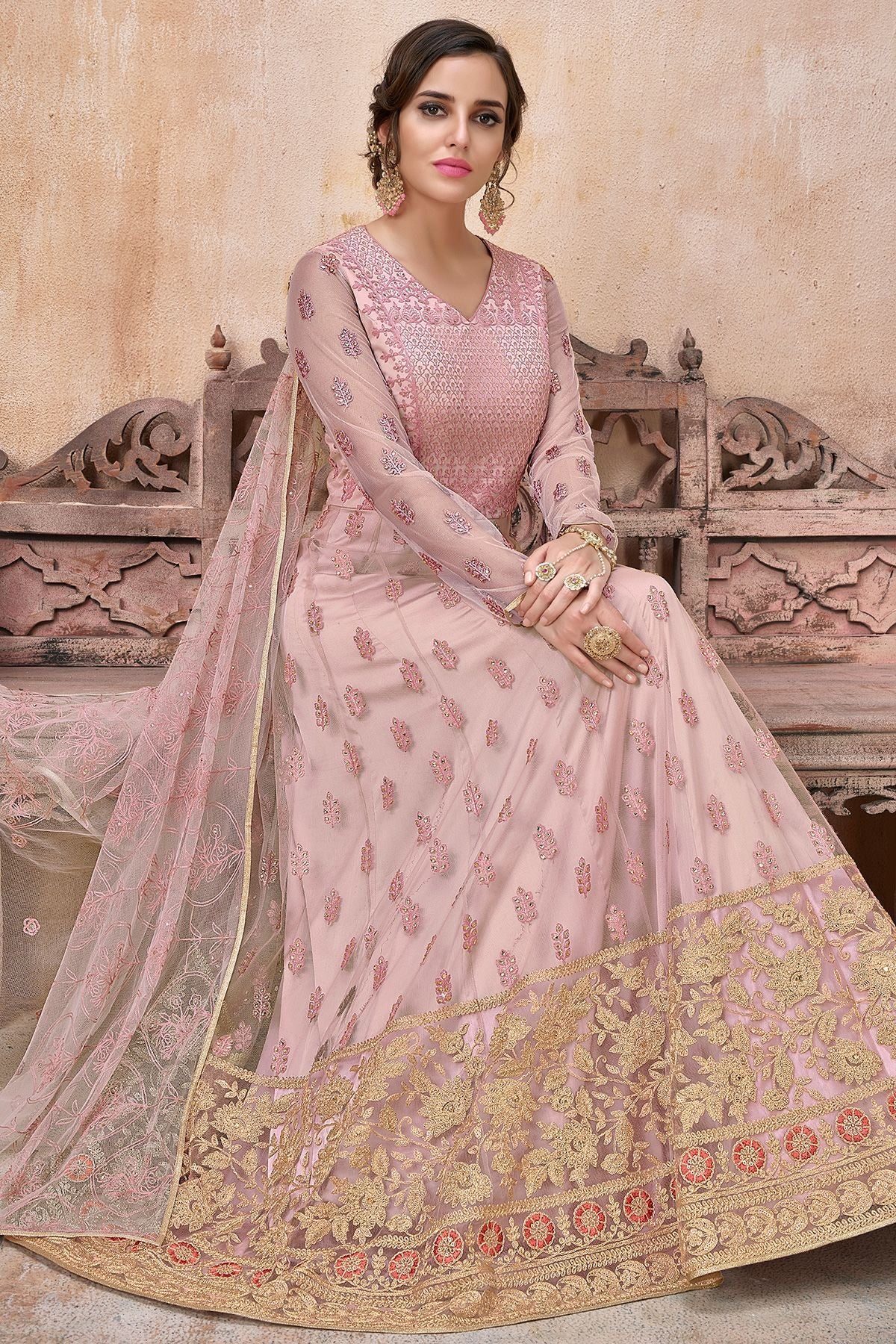 Baby Pink Embroidered Net Anarkali Suit