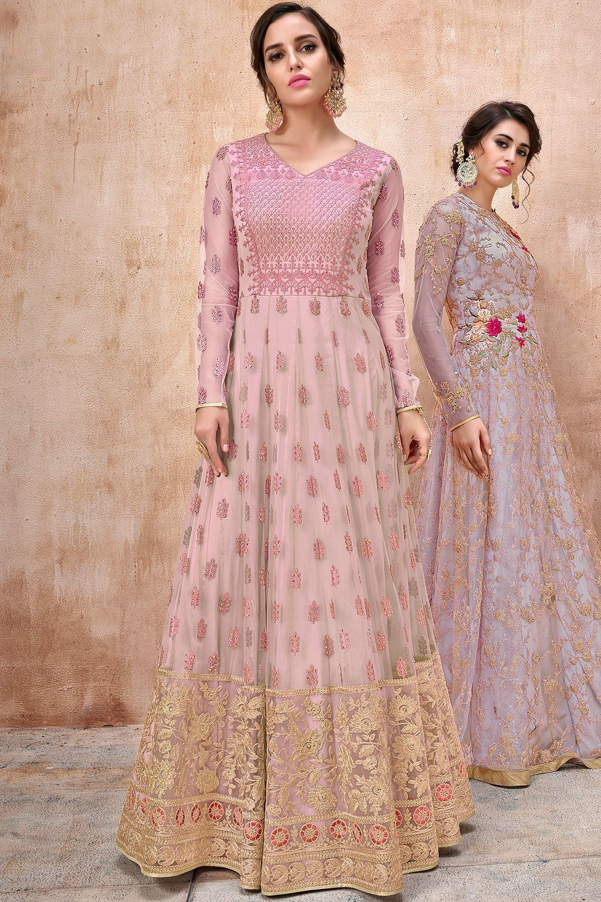 Baby Pink Embroidered Net Anarkali Suit