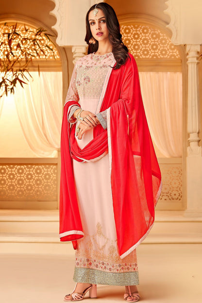 Baby Pink Georgette Embroidered Straight Suit
