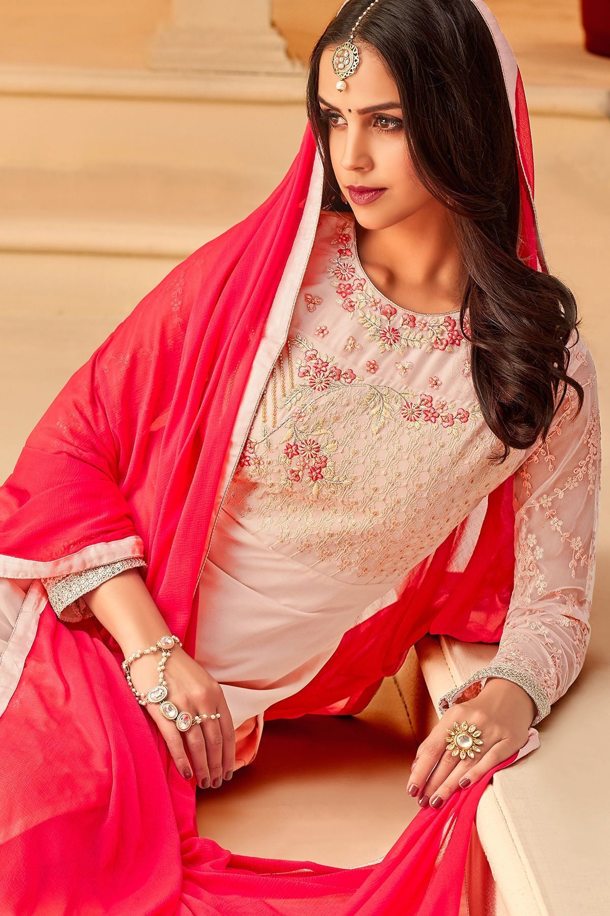 Baby Pink Georgette Embroidered Straight Suit