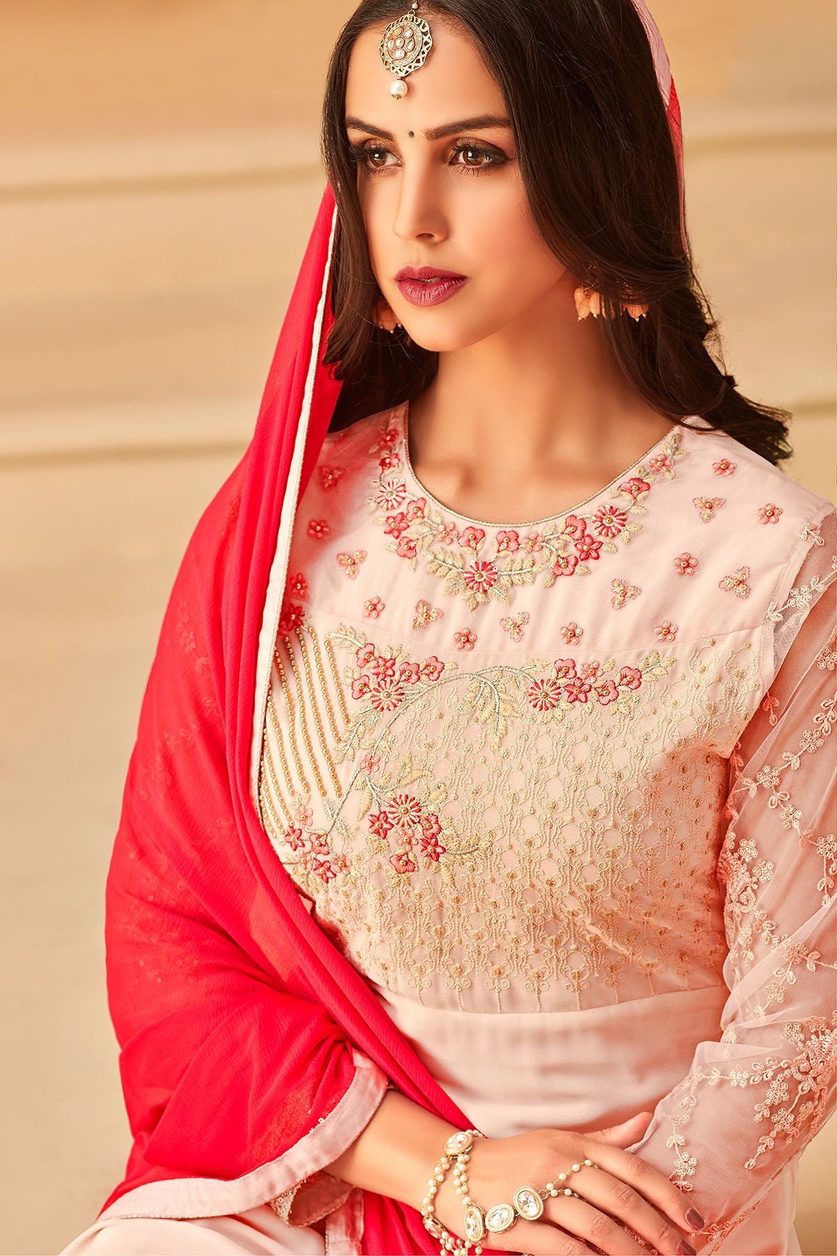 Baby Pink Georgette Embroidered Straight Suit