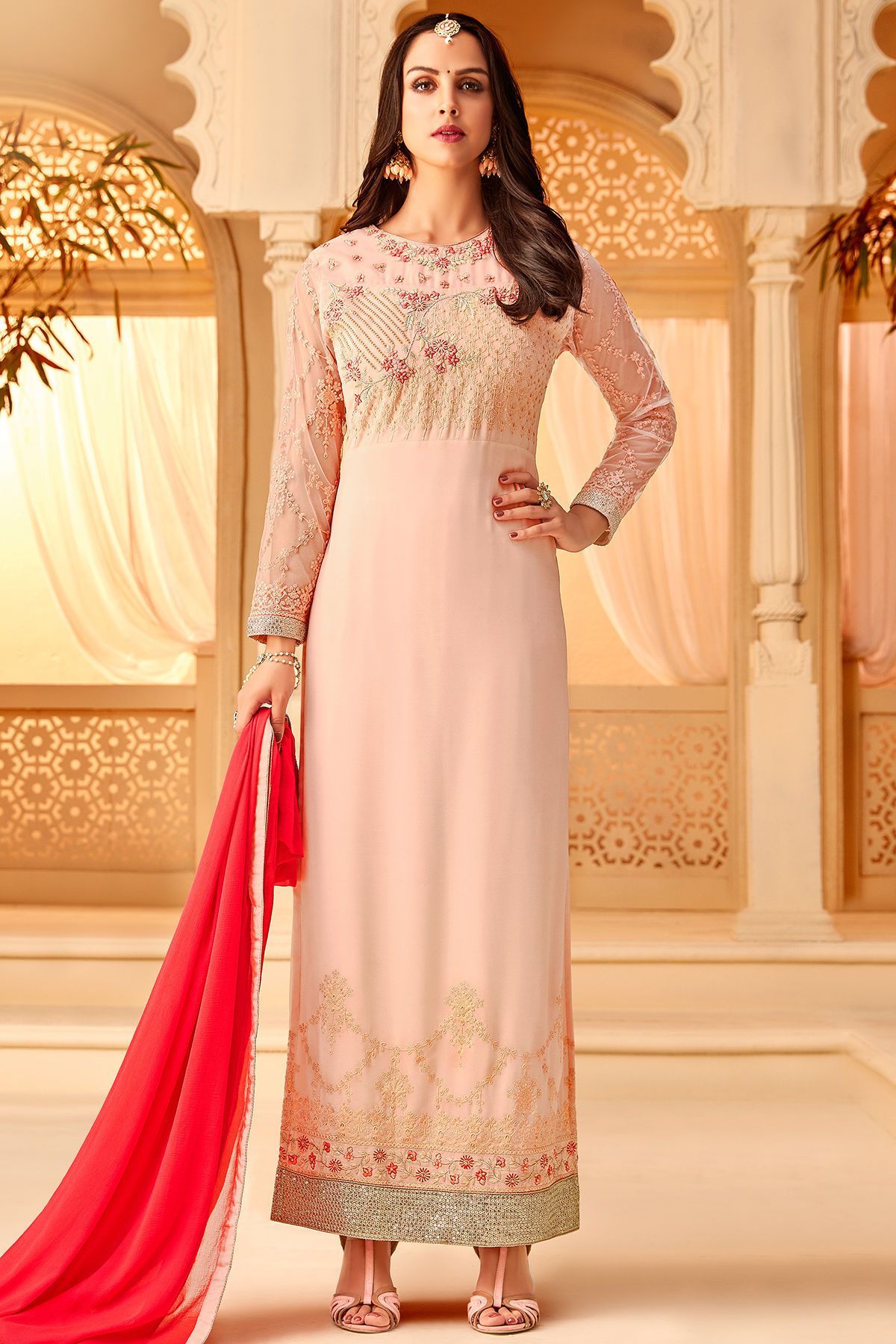 Baby Pink Georgette Embroidered Straight Suit