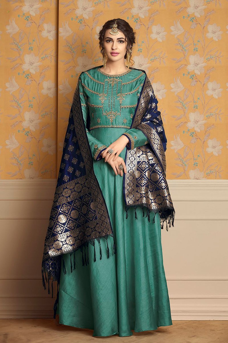 Patina and Navy-Blue pure tussar satin Gown