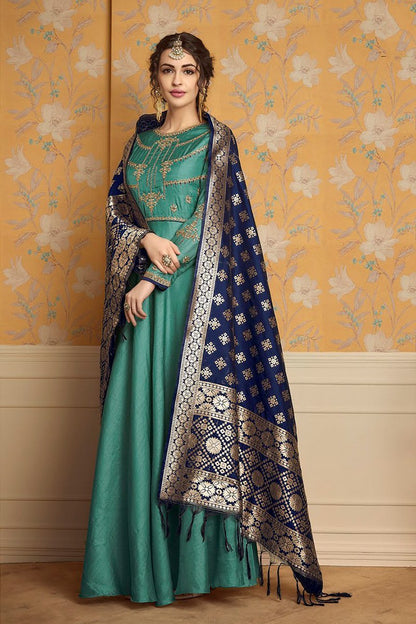Patina and Navy-Blue pure tussar satin Gown