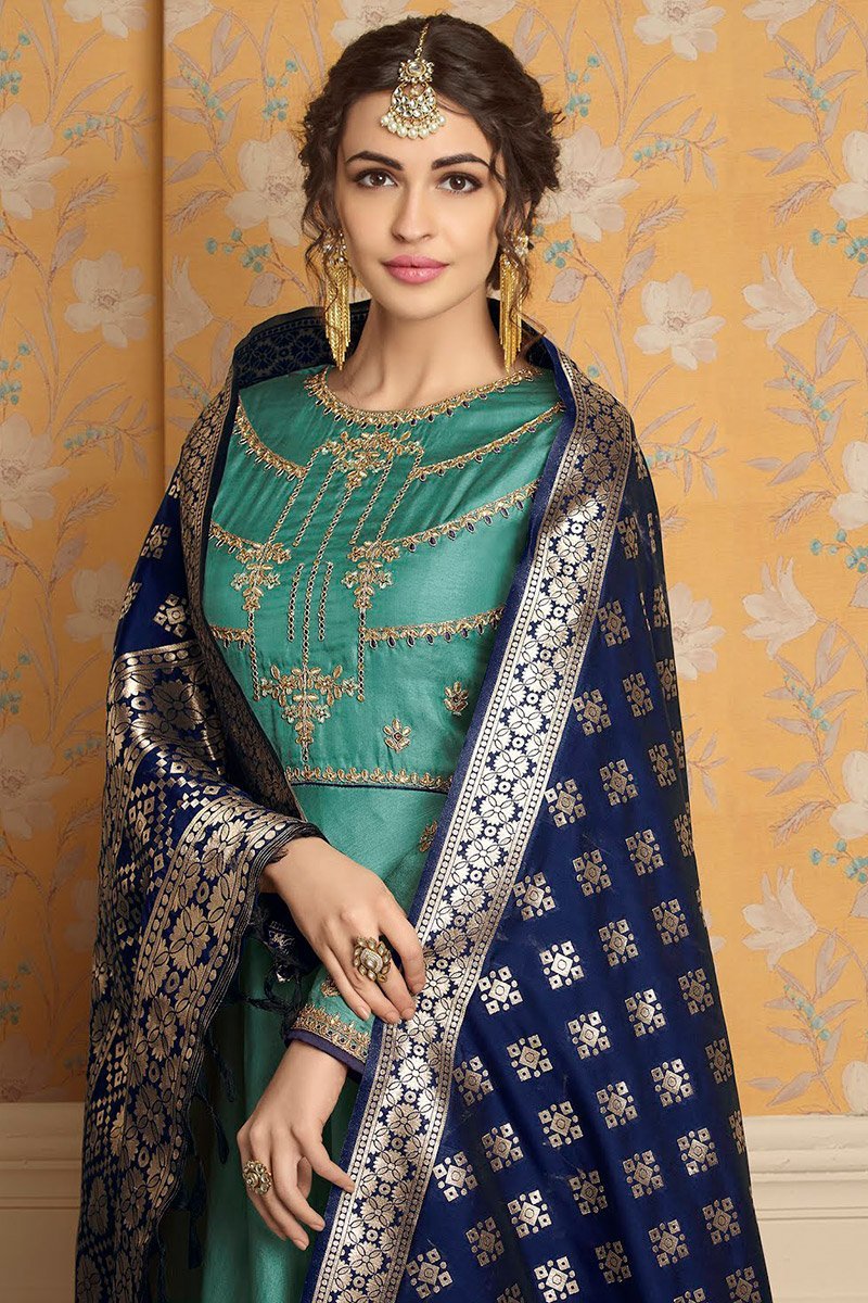 Patina and Navy-Blue pure tussar satin Gown
