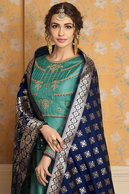 Patina and Navy-Blue pure tussar satin Gown