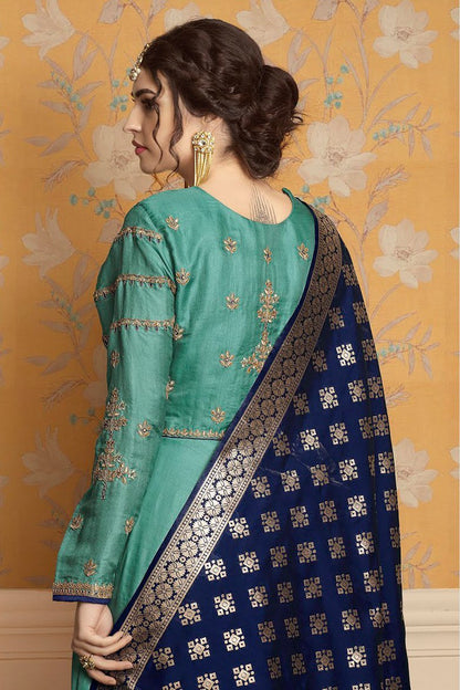 Patina and Navy-Blue pure tussar satin Gown