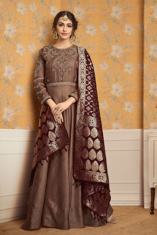 Chocolate Brown pure tussar satin Gown