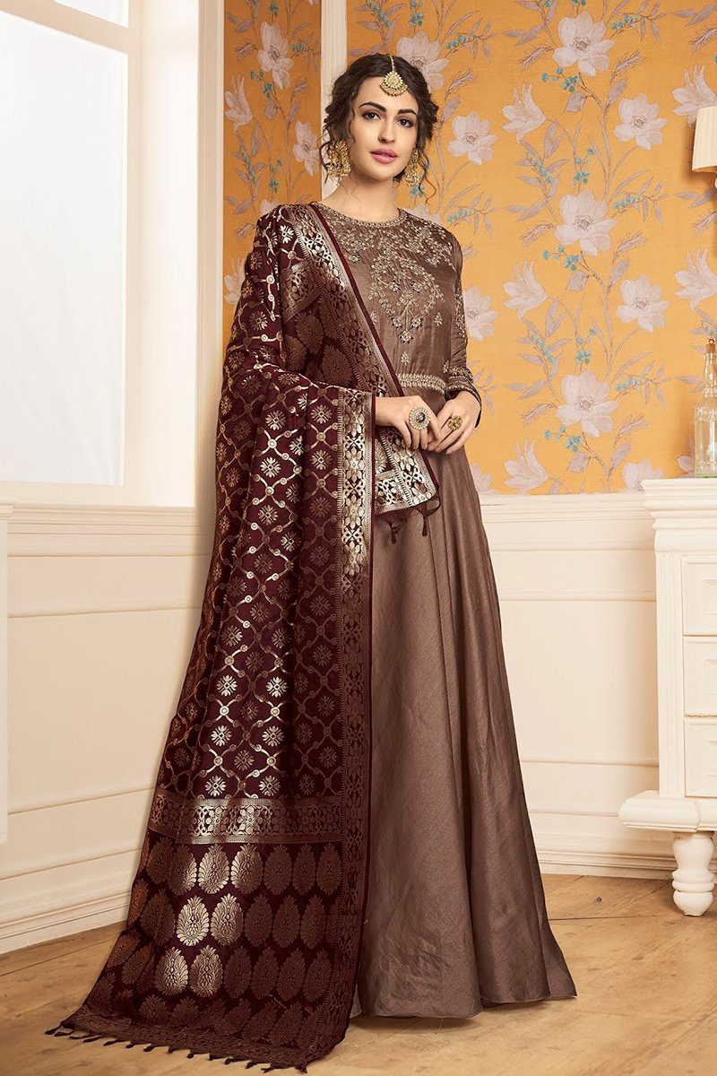 Chocolate Brown pure tussar satin Gown