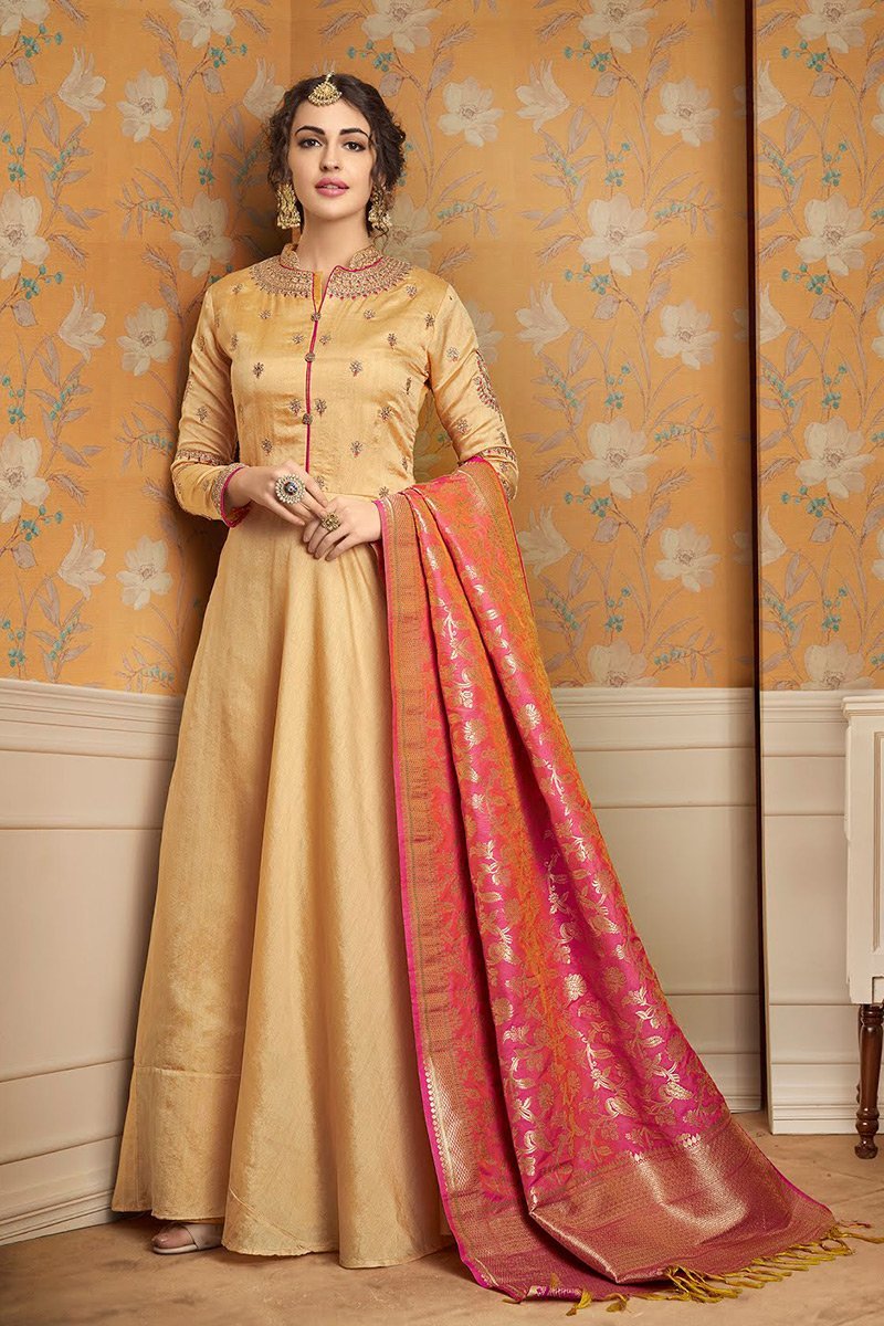 Gold Sand and Hot Pink pure tussar satin Gown