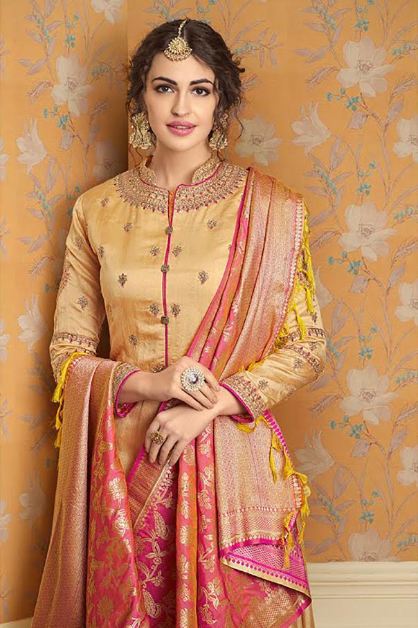 Gold Sand and Hot Pink pure tussar satin Gown