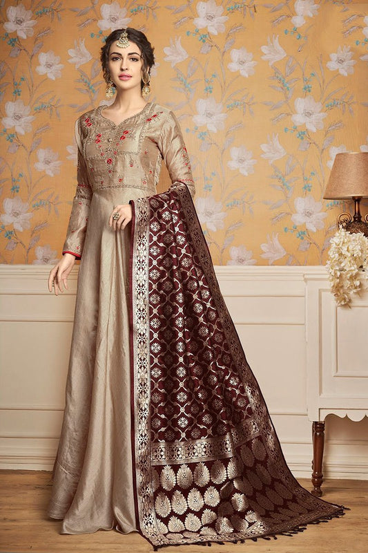 Slate Gray and Chocolate Brown pure tussar satin Gown