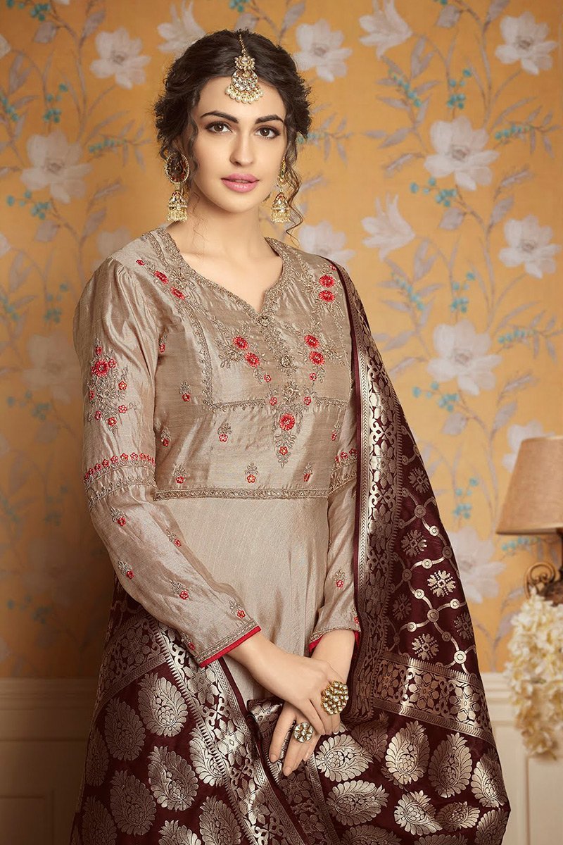 Slate Gray and Chocolate Brown pure tussar satin Gown