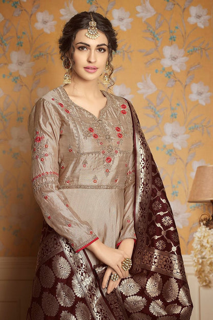 Slate Gray and Chocolate Brown pure tussar satin Gown