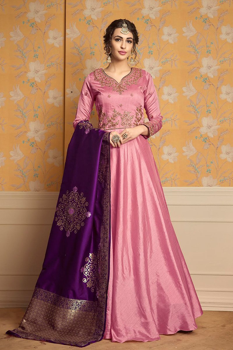 Sea Pink and Violet pure tussar satin Gown