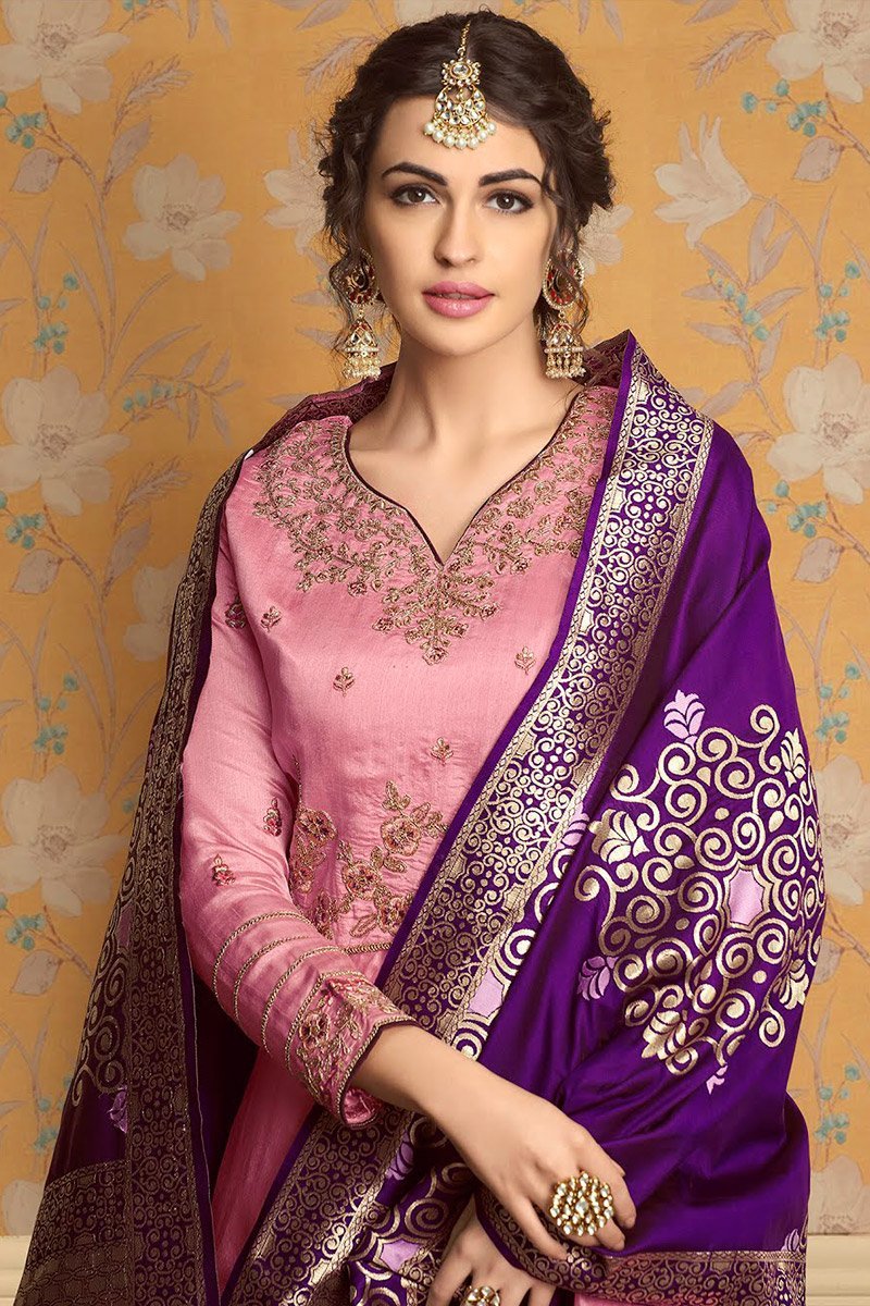 Sea Pink and Violet pure tussar satin Gown