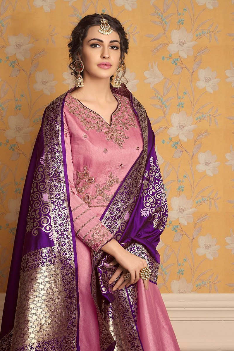 Sea Pink and Violet pure tussar satin Gown