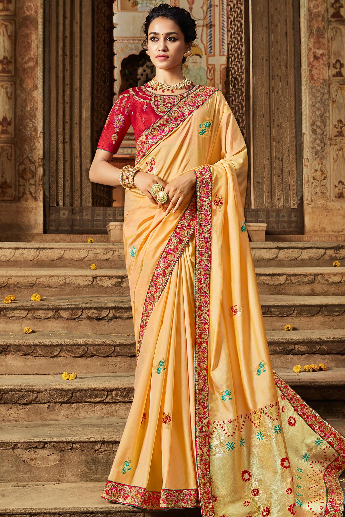 Beige And Scarlet Red Banarasi Silk Sari