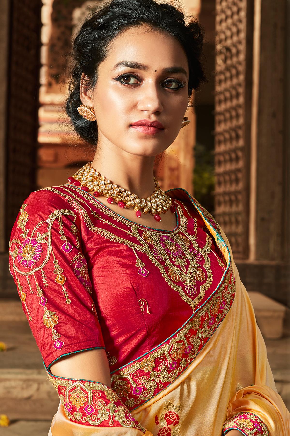 Beige And Scarlet Red Banarasi Silk Sari