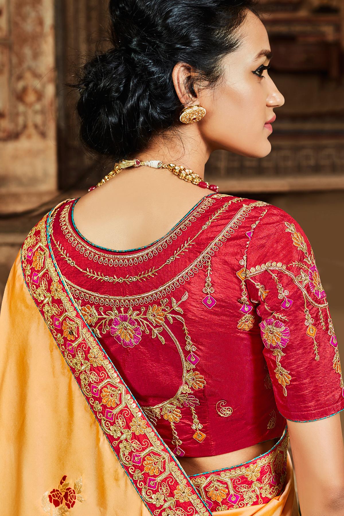 Beige And Scarlet Red Banarasi Silk Sari