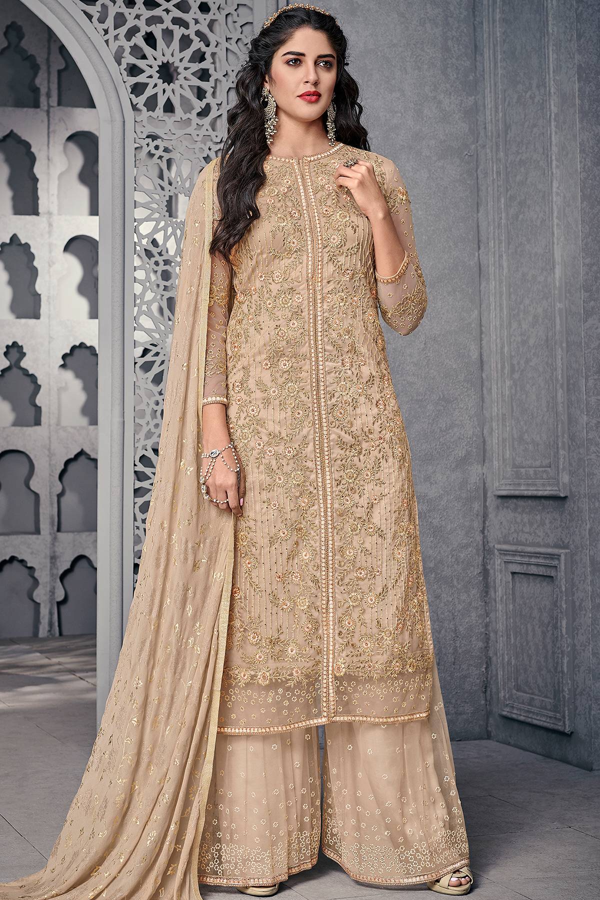 Beige Designer Palazzo Style Suit