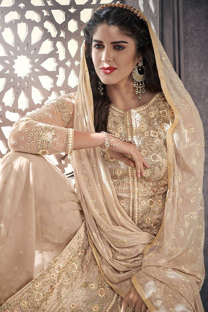 Beige Designer Palazzo Style Suit