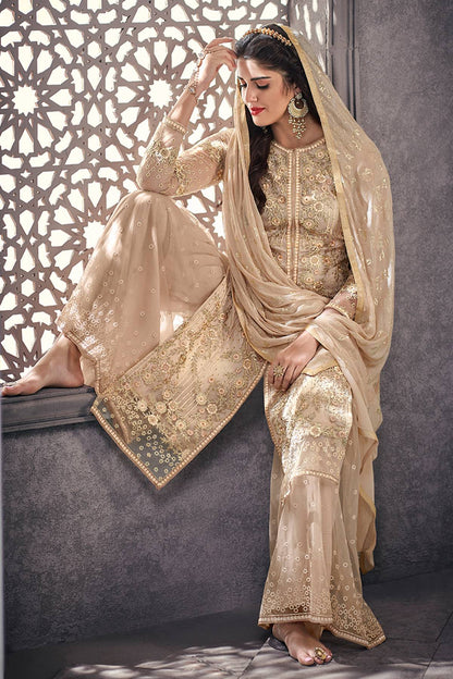 Beige Designer Palazzo Style Suit