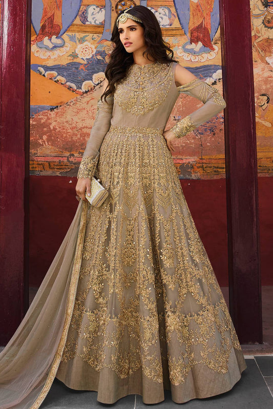 Beige Designer Partywear Anarkali Suit