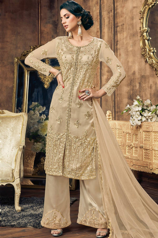 Beige Net Designer Straight Suit