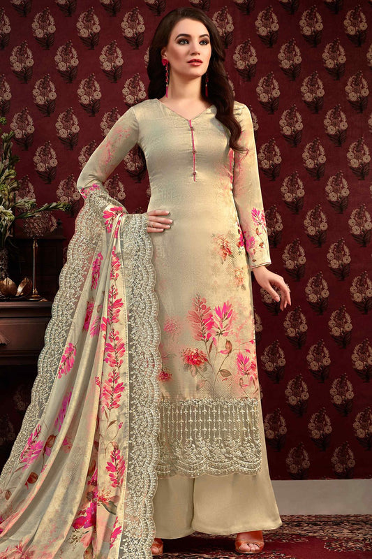 Beige Printed Casual Straight Cut Suit