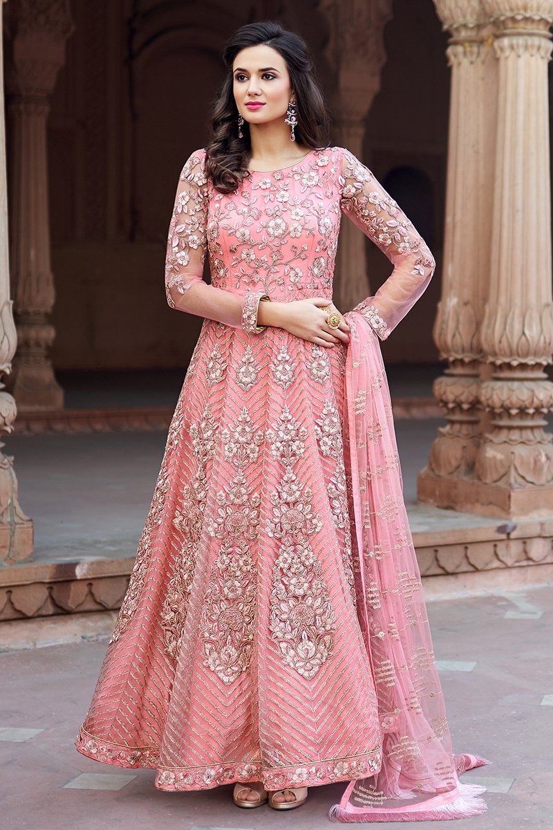 Peach Embroidered Net Party Wear Anarkali Suit