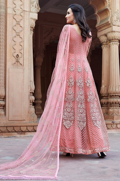 Peach Embroidered Net Party Wear Anarkali Suit