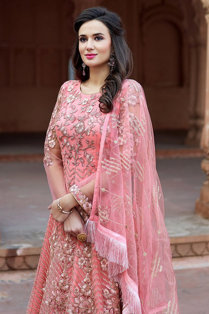 Peach Embroidered Net Party Wear Anarkali Suit