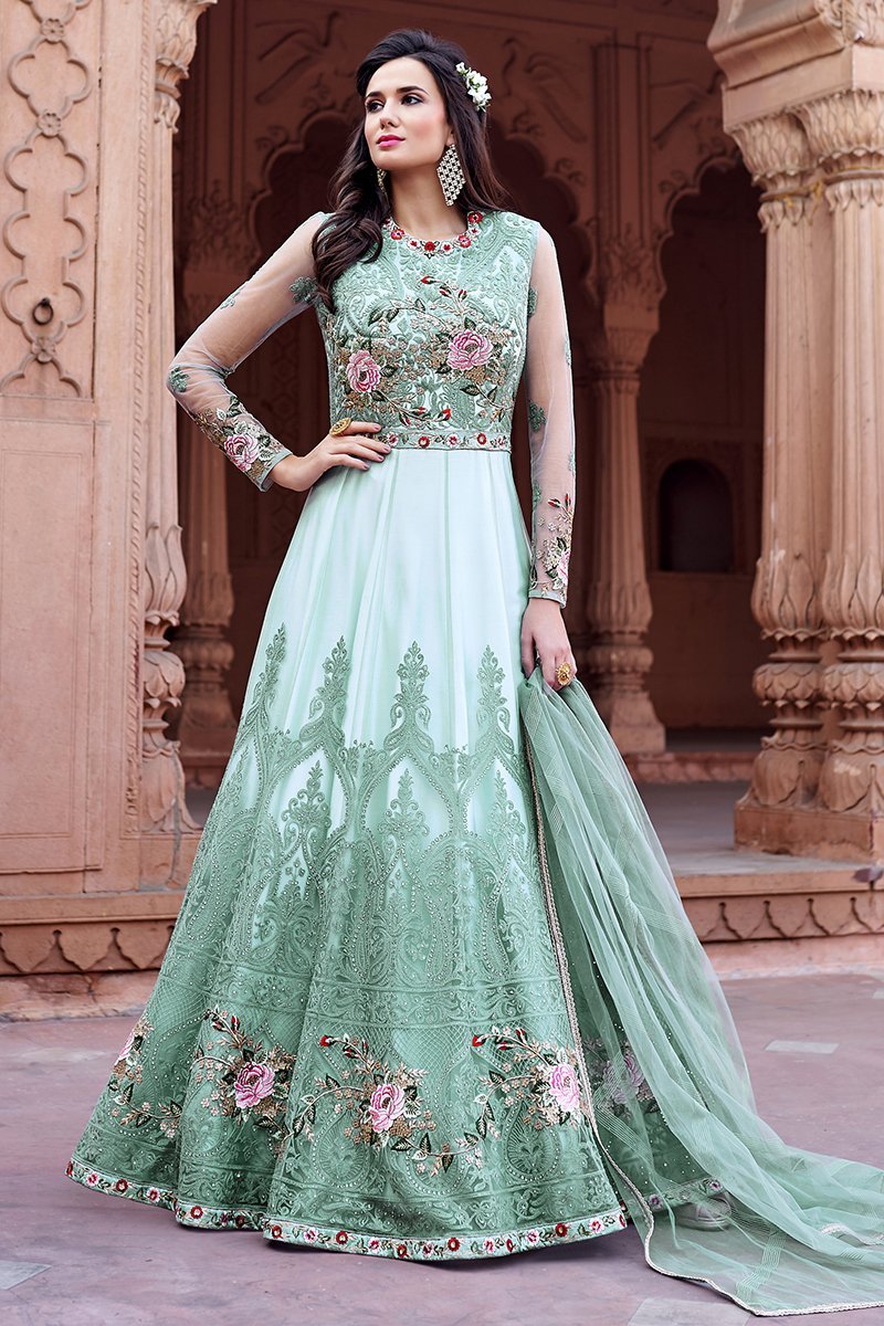 Cream Embroidered Net Party Wear Anarkali Suit
