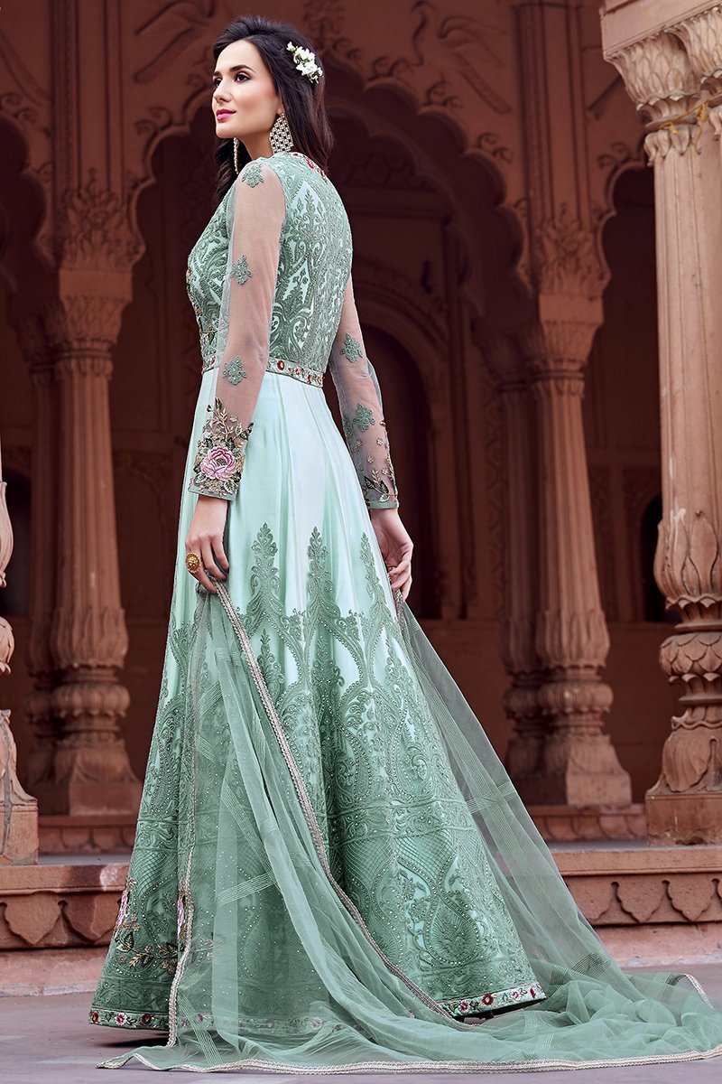 Cream Embroidered Net Party Wear Anarkali Suit