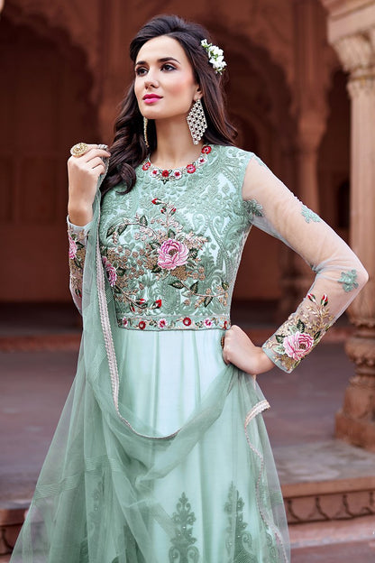 Cream Embroidered Net Party Wear Anarkali Suit