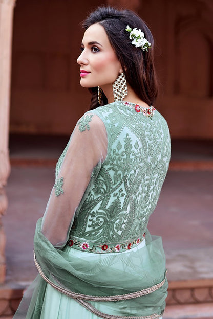 Cream Embroidered Net Party Wear Anarkali Suit